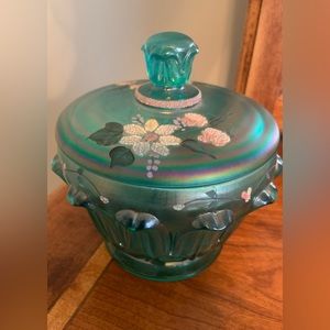 Teal Fenton Glass Handpainted Candy Dish With Lid